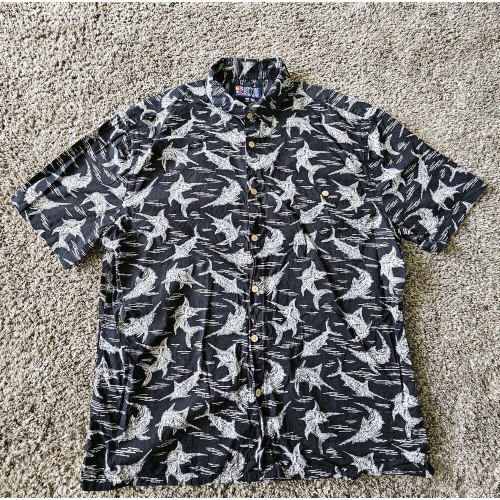 Vintage Newport Blue Mens Large Shirt Button Up Fishing Top Adult Size L Black
